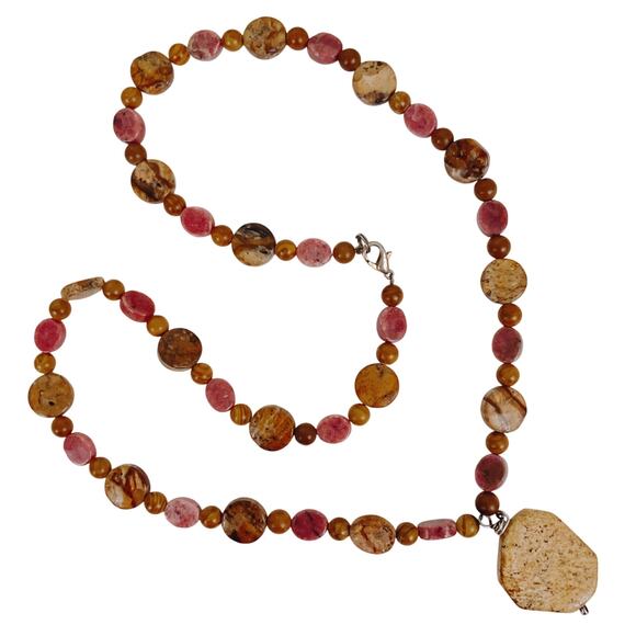 VTG Gemstone Rhodonite Picture Jasper Boho Artisan Necklace Statement Pendant - Picture 5 of 15